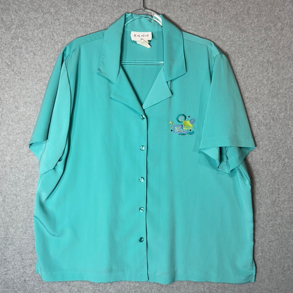 E.L.C.C. Blouse Womens 2X Button Up Top Short Sleeve Abstract Design Turquoise